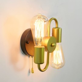 VinTopsh Pull Chain Switch Wall Sconces,2-Light Industrial Metal Wall Light Fixtures Sconces Wall Lighting for Bedroom Bathroom Kitchen Porch (Gold)