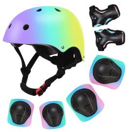 Color Gradient Adjustable Kids' Helmet with Knee & Elbow Pads Set | Multi-Sport Safety Gear for Boys & Girls Ages 5-14 | Skateboarding, Scooters, Roller & Inline Skating, Longboarding