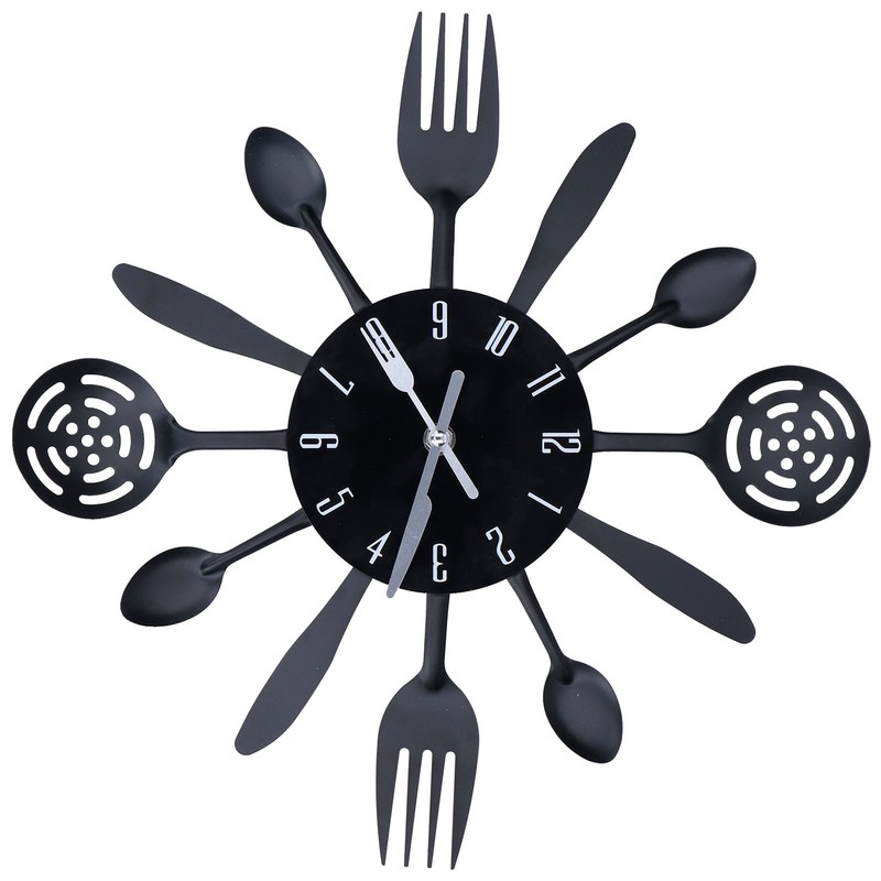 Black Kitchen Wall Clock Removable Modern Cutlery Kitchen Spoon Fork