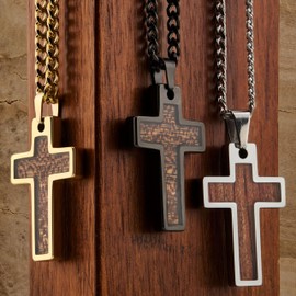 MJ Metals Jewelry Tungsten Carbide Polished Hawaiian Koa Wood Inlay Cross Pendant Necklace w/Narrow 3mm 22" Stainless Steel Cuban Chain