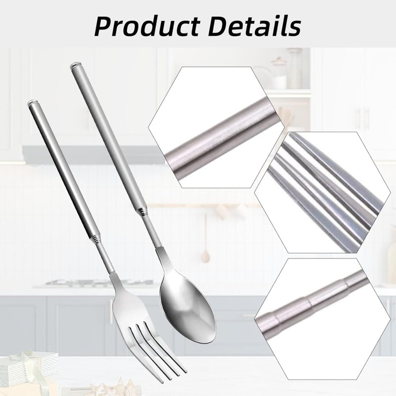 2 Piece Telescopic Fork Spoon Set, Extendable Fork, Long Telescopic
