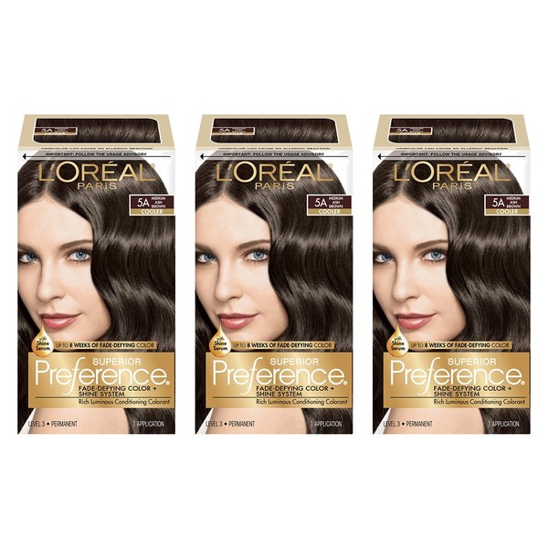 L'Oreal Paris Superior Preference Fade-Defying + Shine Permanent Hair Color, 5A Ash Brown, Pack of 3, Hair Dye