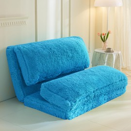MAXYOYO Bean Bag Bed Floor Bed, Faux Fur Floor Sofa Floor Chairs for Adults, Folding Sofa Bed Foam Filling Wall Couch Sleeper Chairs Single Size Floor Mattress, Blue, 39x95 Inch