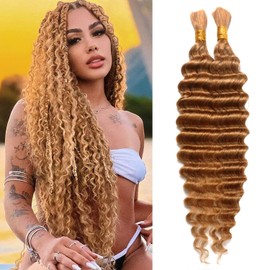 Deep Curly Human Braiding Hair for Boho Braids Honey Blonde Water Wave Bulk Human Hair for Micro Braiding Wet and Wavy Bundles Hair Extensions (27#, 18Inch 100g(50gx2Bundles))
