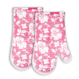 YOMOE Oven Mitts, Heat Resistant Silicone Flower Floral Oven Mitts 2Pcs Kitchen with Non-Slip Silicone Stripe and Soft Cotton Printing Lining Long Oven Gloves for Cooking, BBQ, Baking-Red