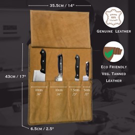 Autentico Leather Genuine Buffalo Leather Small Knife Case Holder Chef's Knife Roll Holder Cutlery Sheath Carrying Case Organizer Storage Bag Travel Friendly Artist Gift for Men & Women Teak