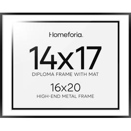 Homeforia Diploma 16x20 Picture Frame Black, High End Metal 16x20 Frames for Wall, Black Photo Frames 16 x 20 with 14x17 Mat, Tempered Glass, Wall Kit, Set of 1