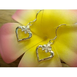LocoMocoAloha Earrings, Hawaiian Jewelry, Heart Plumeria Hook, Genuine Jewelry