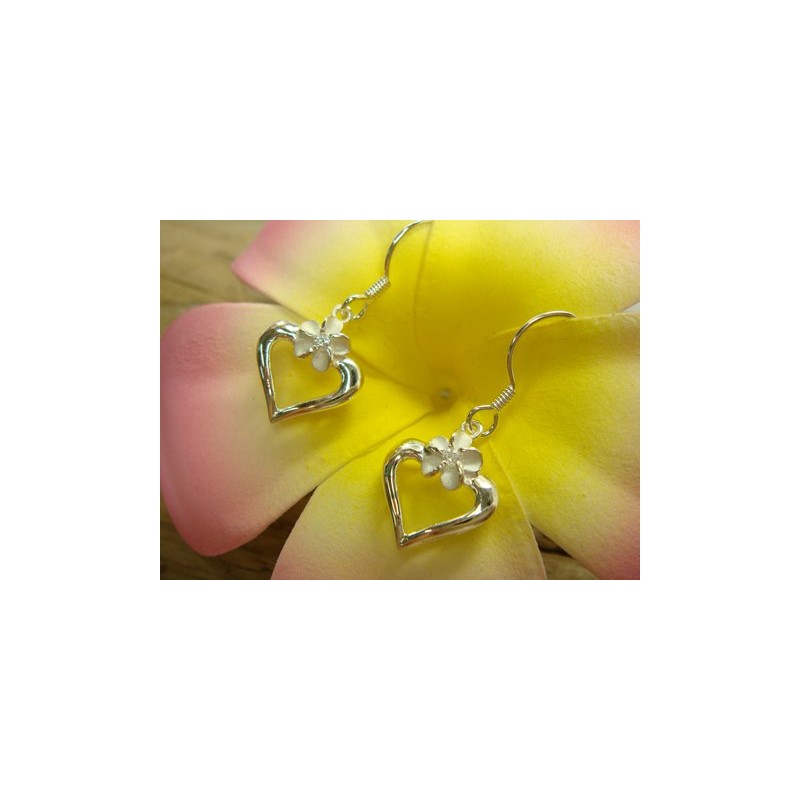 LocoMocoAloha Earrings, Hawaiian Jewelry, Heart Plumeria Hook, Genuine Jewelry