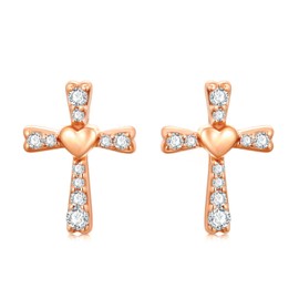 SISGEM 14k Rose Gold Cross Stud Earrings for Women, 14kt Created Moissanite Religious Jewelry Confirmation Gifts for Her