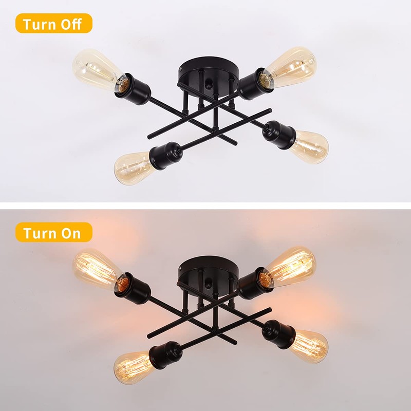 Qcyuui Industrial Semi Flush Mount Ceiling Light 4-Light Rustic Black