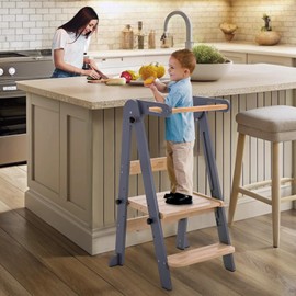 Gewitt Foldable Toddler Kitchen Stool Helper - Adjustable Height Folding Toddler Standing Tower, Kids Helper Stool with Safty Rail for Kitchen Counter Bathroom (Grey)