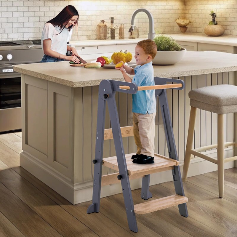 Gewitt Foldable Toddler Kitchen Stool Helper - Adjustable Height Folding