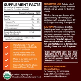 Organic Black Seed Oil Cold Pressed Liquid - Black Cumin Supplement for Immune System Function, Digestive Support, Hair Nourishment & Overall Health - 8 Fl Oz - Unflavored, Non-GMO, Vegan