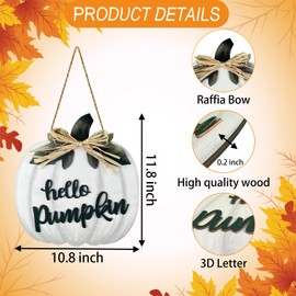 Fall Door Decor Hello Pumpkin Door Sign Fall Door Wreath with Bow Fall Decorations for Home Wooden Autumn Wreath Pumpkin Wall Decor Fall Porch Decor for Thanksgiving Fall Farmhouse Indoor Decor White