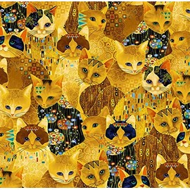 Cleo by Chong A Hwang for Timeless Treasures Gold and Black Bejeweled Cats Cotton Fabric by The Yard