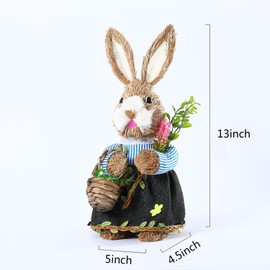 UAEYW Easter Straw Bunny Figurine Decorations,13 Inch Standing Rabbit Statue Holding Basket Hand-Woven Straw Artificial Animal for Spring Garden Decor Festival Home Table Ornament (Mrs)