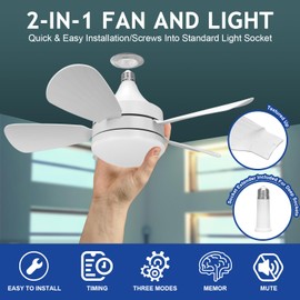 Jolimark 2000 Lumen Socket Ceiling Fan Light with Remote, E26 Socket, 3 Speed Noiseless Dimmable Fan, Adjustable CCT, 2/4H Timer, for Kitchen Bathroom Garage Bedroom, White