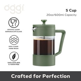 Oggi Borosilicate Glass French Press Coffee Maker (20oz)- 5 Cup Capacity, Coffee Press, Single Serve Coffee Maker, Stainless Steel Lid & Plunger, Make Great Coffee Gifts, Green