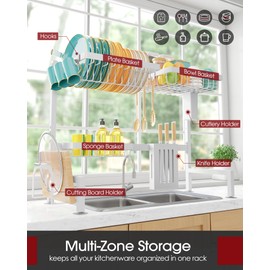 Sakugi Over The Sink Dish Drying Rack - Adjustable 2 Tier Large Capacity Stainless Steel Drainer with Cutlery & Utensil Holders, Kitchen Storage & Organization, 30"-33.9" L x 11" W x 21.5" H, White