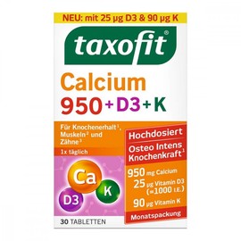 taxofit® Calcium 950 + D3 + K Tablets for the Maintenance of Bones, Muscles and Teeth | High Dose | Lactose Free | Dietary Supplement with Calcium, Vitamin D and Vitamin K | 30 Tablets