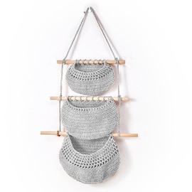 3 Tier Cotton Rope Hanging Basket Organizer, Over-the-Door Boho Wall Decor for Kitchen, Bedroom, Bathroom, Space-Saving Storage for Fruits, Vegetables, Books & Essentials (Gray)