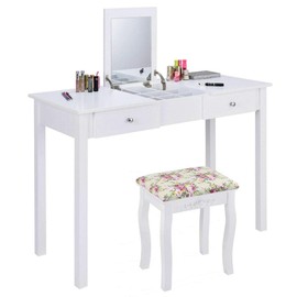 Giantex Vanity Set Makeup Table with Mirror, Cushioned Stool Bench Chair Large Desk Flip Top Home Bedroom 9 Middle Storage Organizers for Jewelry Cosmetics Vanities Dressing Tables with 2 Drawers