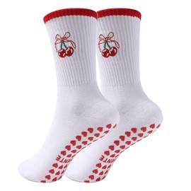 KAKAVENTE Pilates Socks with Grips for Women,Cute Grippy Barre Ballet Non Slip Yoga Socks for Hospital Workout, 1pack-cherry, 5-10