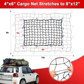 4’x6’ Truck Cargo Net Expands to 8' x 12' with 4"x4" Mesh Grid Super Duty Bungee Heavy Duty Bed Netting for Truck Bed Stretches with 12 Adjustable Metal Carabiners by Cenipar
