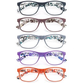Reading Glasses Women +1.50 Floral Print Square Women's Readers Cheaters Glasses 5 Pack W/Spring Hinge Lightweight Comfortable Fit