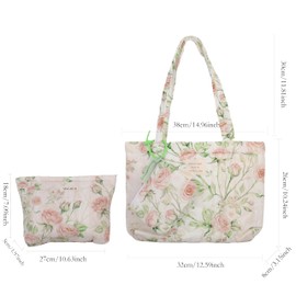 Floral Quilted 3-in-1 Bag Set for Wome Cotton Large Shoulder Tote with Medium Cosmetic Bag Mini Organizer Pouch A039, Beige