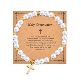 First Communion Gifts for Womens Catholic Rosary Beads Wrist Bracelets White Cross Bracelet for Ladies Faith Religious Christian Gifts for Daughter Niece Goddaughter 1st Holy Communion Bracelet Gift