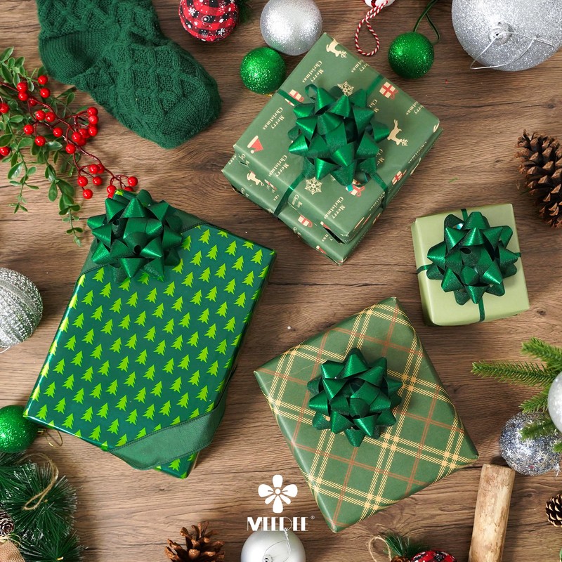 MEEDEE 4.5 inch Green Linear Glitter Gift Bow Self Adhesive