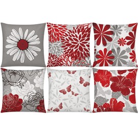 COMMINY Red Grey Pillow Covers 16x16 Set of 6 Decorative Burgundy Daisy Throw Pillow Cover for Couch Modern Farmhouse Cushion Cover for Patio Sofa Bed Living Room Home Decor