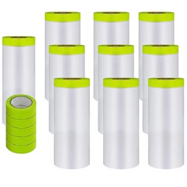 YUNXIHUI Painters Plastic with Tape, Tape and Drape, 10 Rolls Automotive Painters Tape and Plastic Film, Paint Plastic Covering Roll for Covering Skirting, Frames, Cars and Auto Body (55in X 65-Feet)
