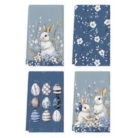 Artoid Mode Bunny Hydrangea Eggs Easter Kitchen Towels Dish Towels, 18x26 Inch Spring Farmhouse Wild Flowers Decoration Hand Towels Set of 4