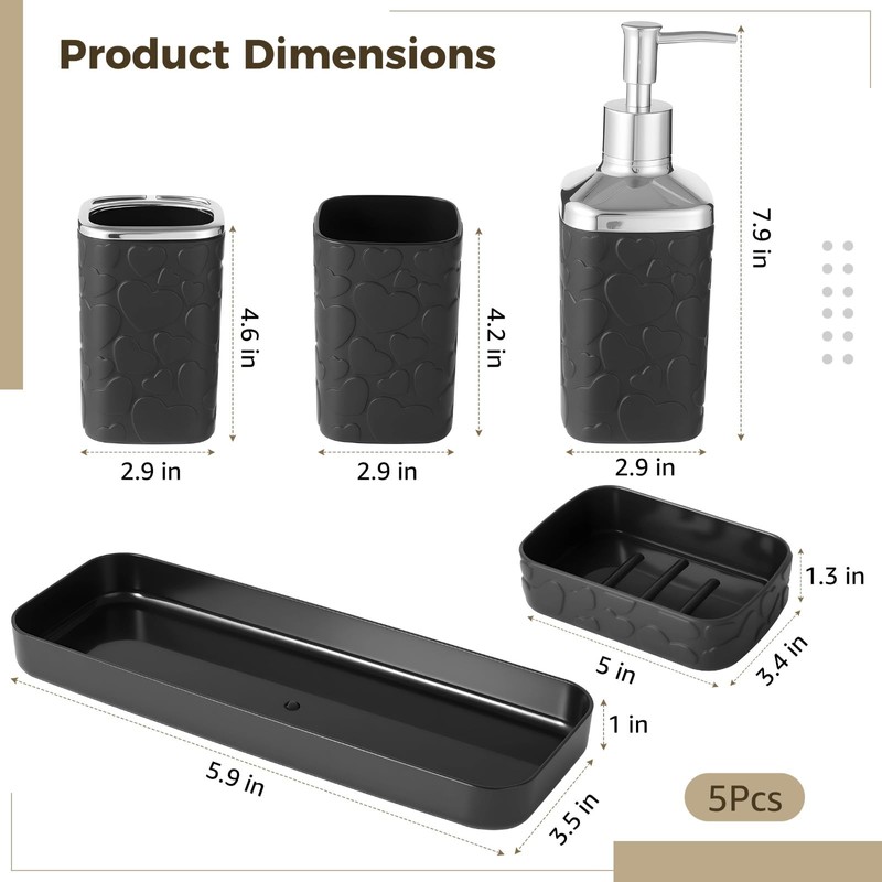 5 Pcs Bathroom Accessories Set, Heart Embossed Lotion Dispenser, Toothbrush