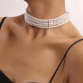 YienDoo Bridal Pearl Choker Necklace Chain Multi-Row Pearl Strands Necklace Baroque Statement Pearl Necklace White Imitation Pearl Bridal Beaded Choker Wedding Prom Necklace Jewelry for Women Girls