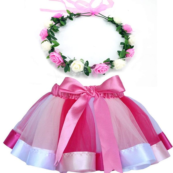 MY-PRETTYGS Layered Tulle Ballet Rainbow Tutu Skirt with Flower Crown