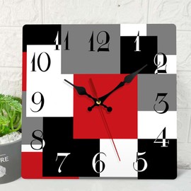 ArtSocket Wooden Wall Clock Silent Non-Ticking, Red Black Grey Abstract Geometric Minimalist Checkered Square Rustic Wall Clocks Decor for Home Kitchen Living Room Office, Battery Operated(12 Inch)