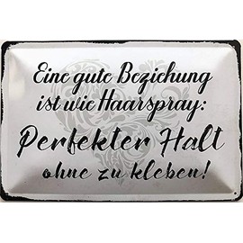 Deko7 Tin Sign 30 x 20 cm "Friseur" with German Text "Eine Gute Beziehung ist wie Haarspray: Perfekter Halt ohne zu kleben [German Language]