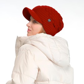 C.C Fuzzy Fleece Lined Warm Oversized Chunky Soft Stretchy Oversized Two Way Ribbed Slouchy Knit Hat with Visor Brim, Red
