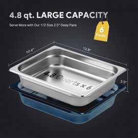 WILPREP 6 Pack Hotel Pans, 1/2 Size 2.5 in Deep Steam Table Pans with Lids, Food Grade Stainless Steel Hotel Pans, 4.8 qt Catering Food Storage Pans for Buffets Events Restaurants, NSF Listed
