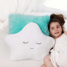 Perfectto Design Set of 2 Kid’s Decorative Pillows for Girls Toddler Room - Fluffy White Star Pillow and Aqua Teal Plush Pillow, Soft Girls Pillows Cute Kid’s Throw Pillows for Bed, Bedroom