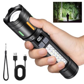 Rechargeable LED Flashlights High Lumens - 3000LM Super Bright Tactical Flashlight with Cob Sidelight, 5 Light Modes, IPX6 Waterproof, Powerful Handheld Flash Light for Camping Home Emergencies