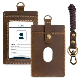 Badge Holder: Boshiho Cowhide Leather ID Badge Card Holder with 19" Neck Lanyard, Vertical Style (Brown)
