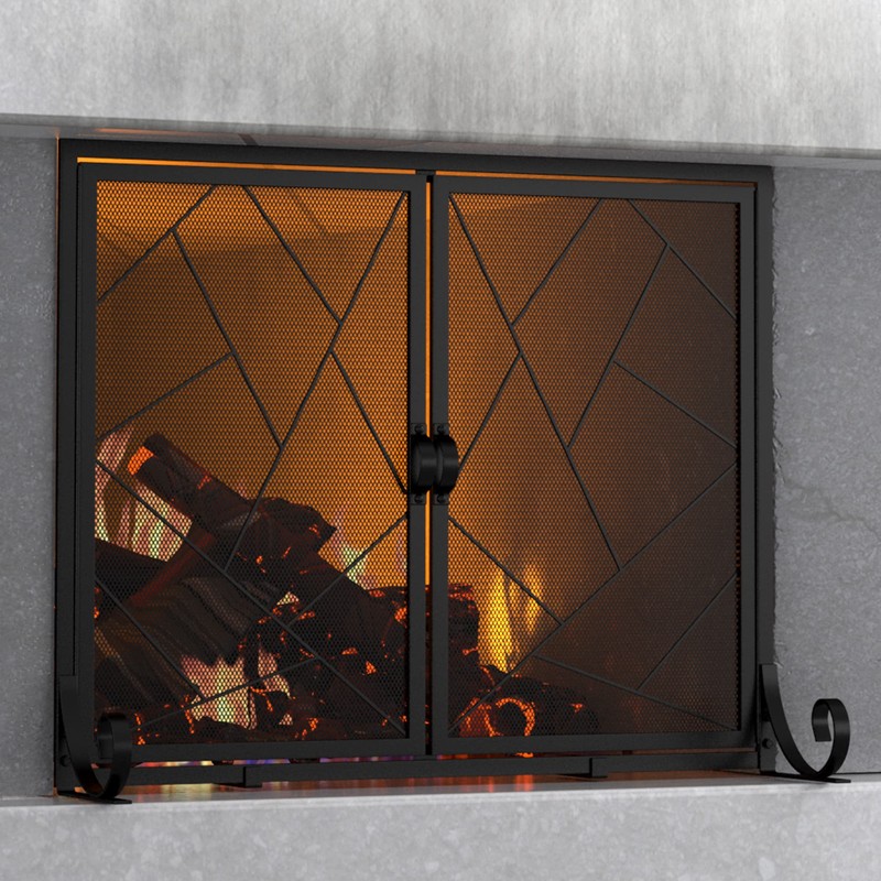 Fire Beauty Fireplace Screen with Hinged Doors Cast Iron Border