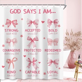 CINEKER Pink Bow Shower Curtain Set for Bathroom 60Wx72H God Says I Am Shower Curtain Nursery Girls Polyester Bathtub Curtain Inspirational Quotes Aesthetic Coquette Girly Bathroom Decor with 12 Hooks