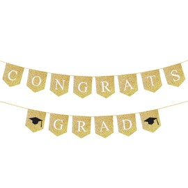 Glitter Congrats Grad Banner, Prestrung Gold Graduation Banner Sign for Congratulations Party Decorations 2025