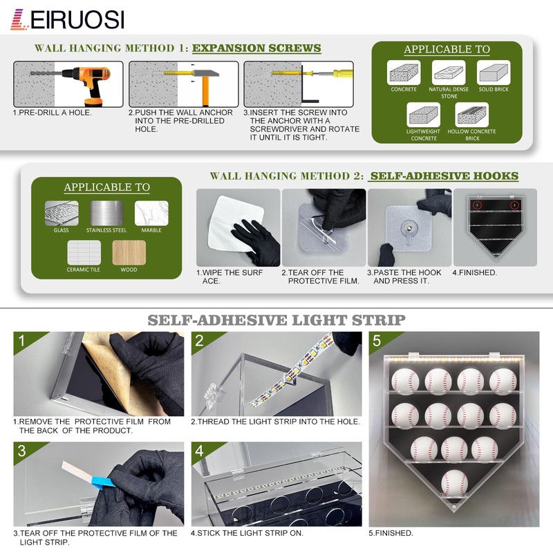 Leiruosi Acrylic Display Case for Baseball, Lighted Wall Mounted Shadow